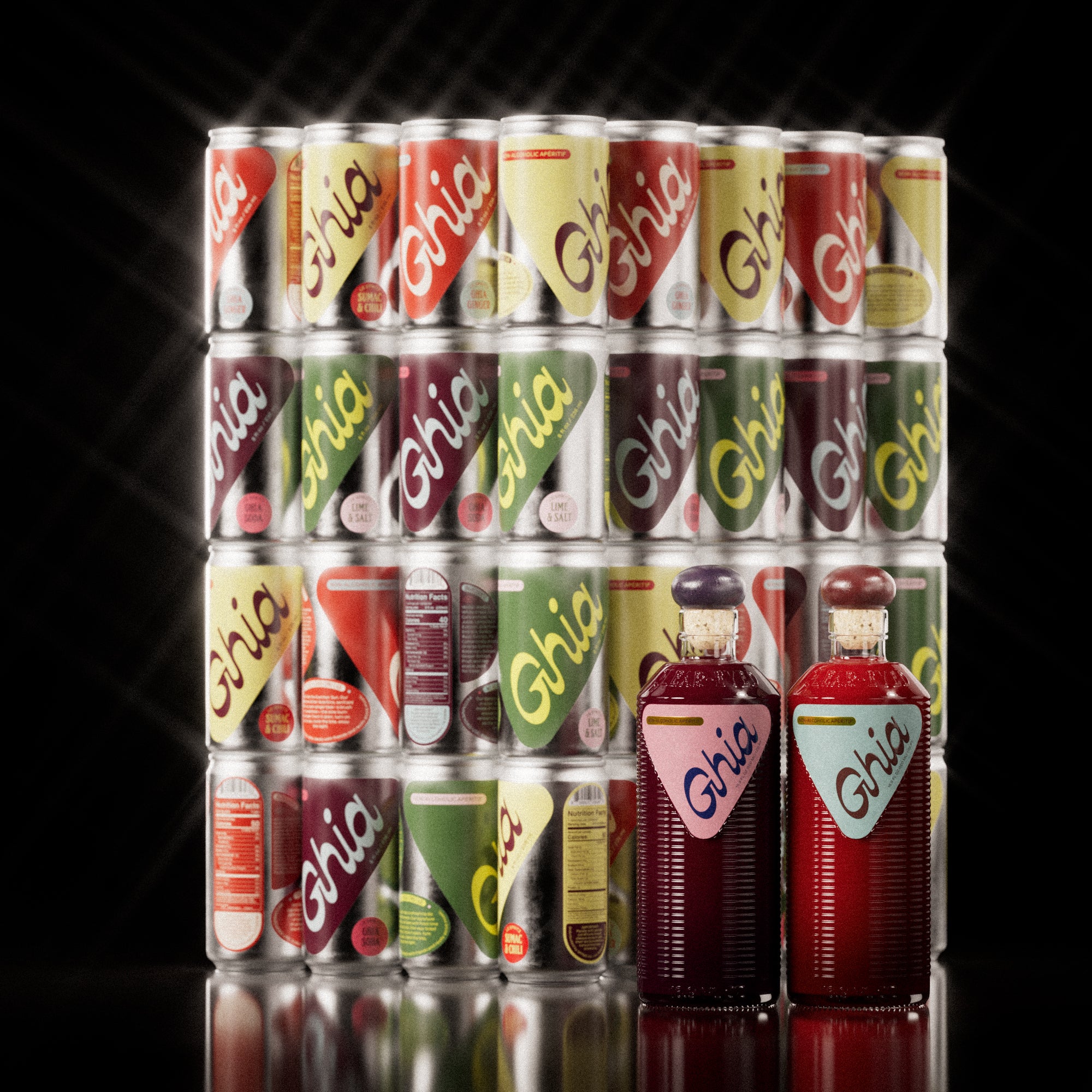 Wall of stacked Ghia Le Spritz cans in assorted flavors with two Ghia apéritif bottles in front