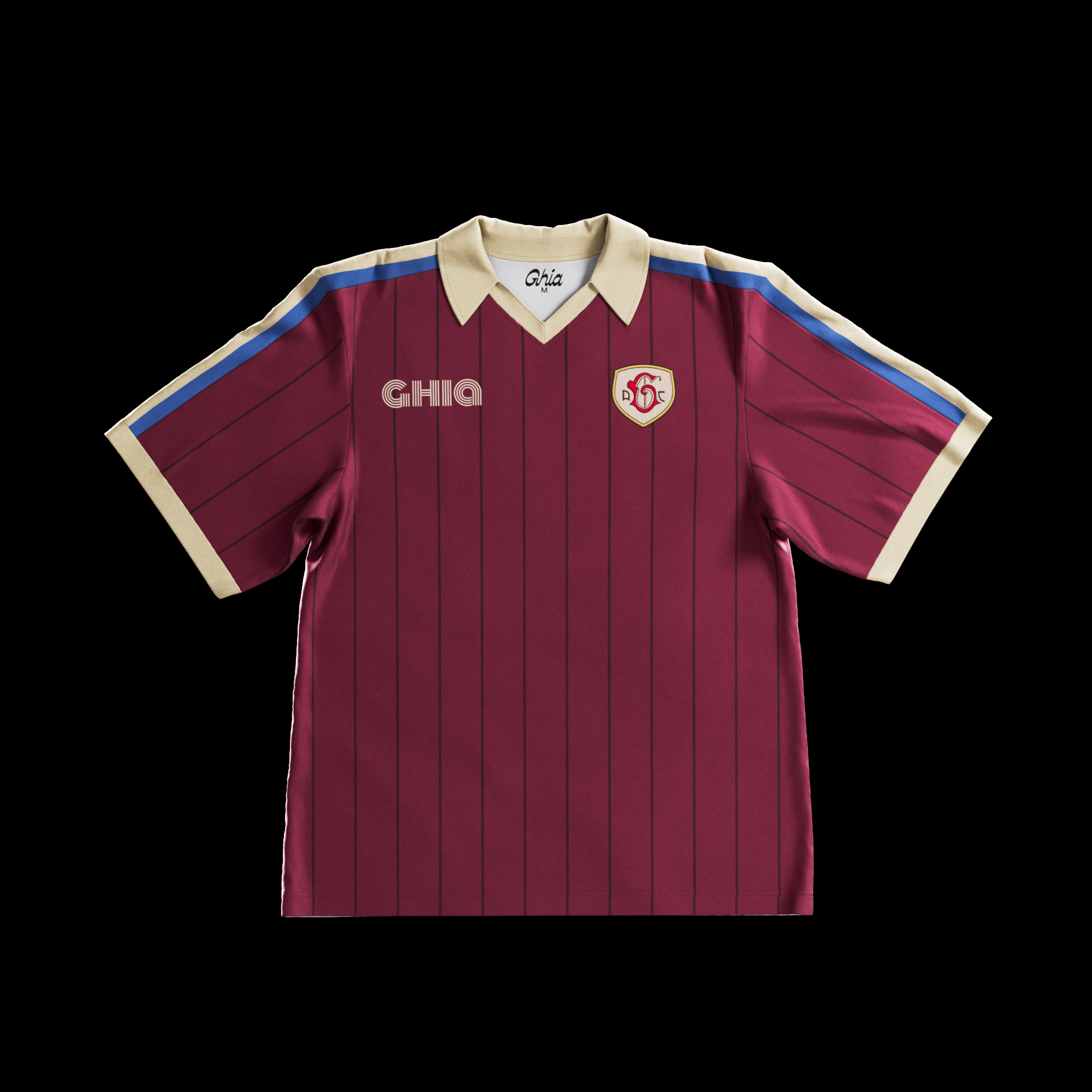 Maroon pinstriped Ghia jersey with cream collar, blue shoulder stripes, and crest patch, shown from the front