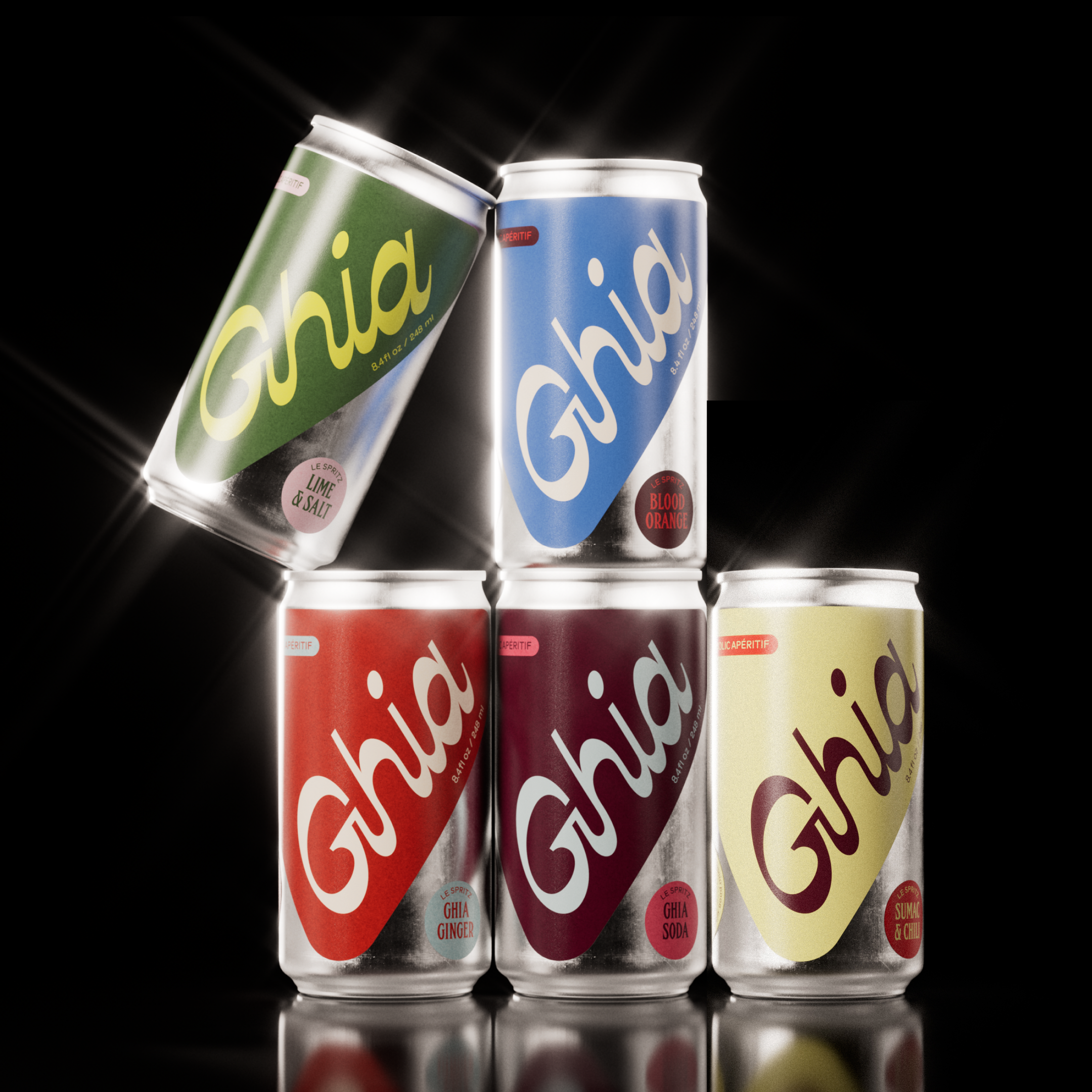 Five Ghia Le Spritz cans in assorted flavors stacked in a pyramid on a black background
