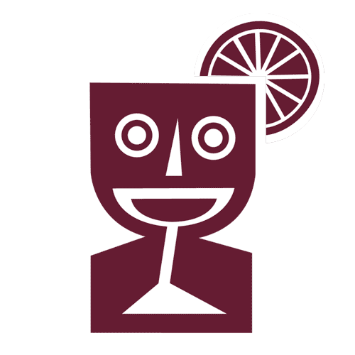 Animated illustration of a smiling face with a coupe glass mouth and citrus wheel