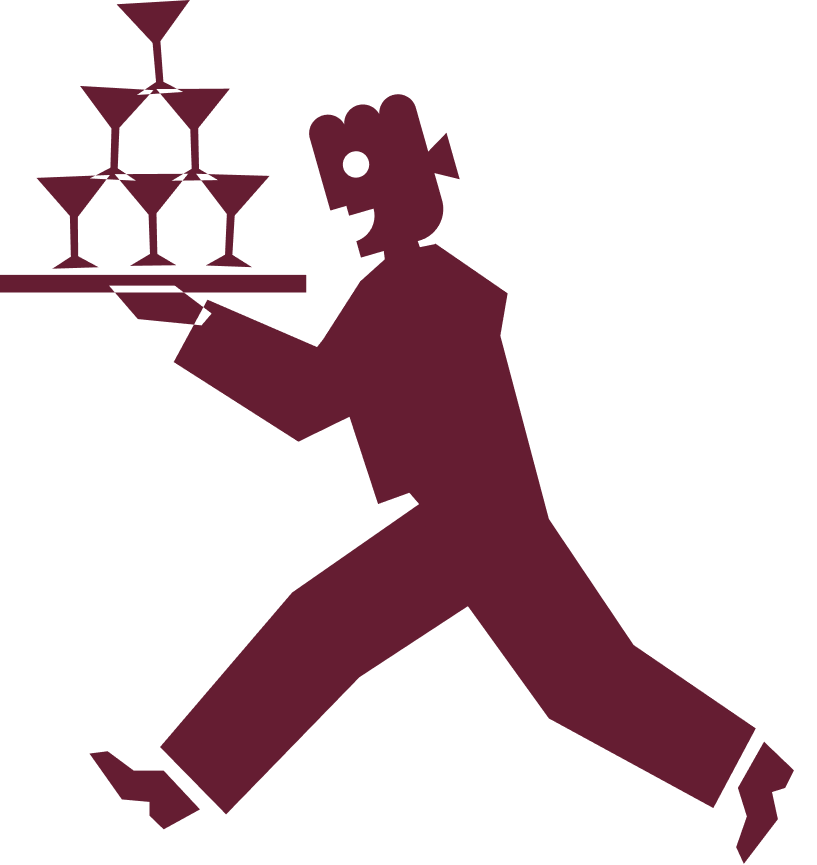 Illustration of a waiter carrying a tray stacked with cocktail glasses